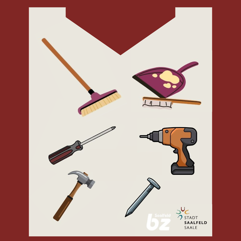 Werkzeug-Illustration: Schaufel, Schraubendreher, Akku-Bohrer, Hammer, Nagel, Zollstock